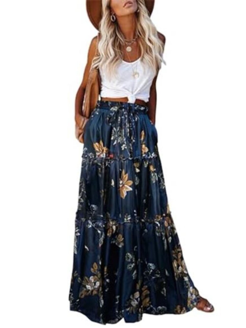 Women's Boho Maxi Skirt Summer Cruise Casual High Waist Tie Flowy Long Skirt
